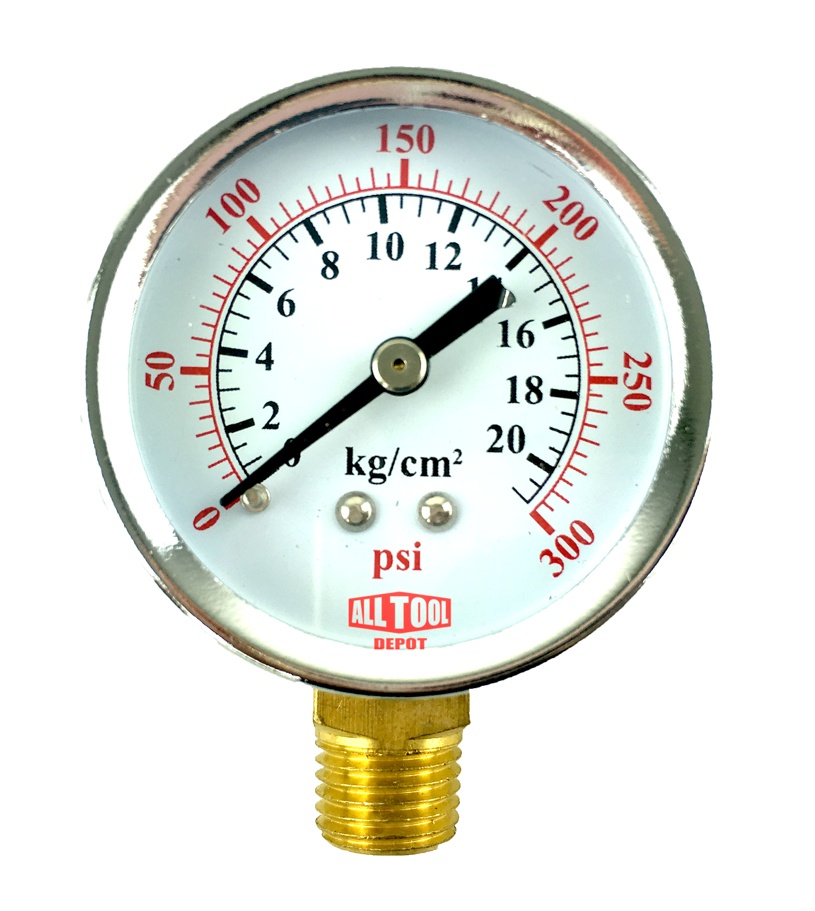 thumbnail image 2 of ALL Tool Depot 2" Air Pressure Gauge – Side Mount, 1/4 NPT, 0-300 PSI, Color Coded Dial 2 of 2