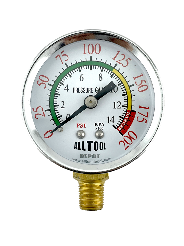 thumbnail interactive-video image 1 of All Tool Depot 2" Air Pressure Gauge – 0-200 PSI, 1/8 NPT, Center Back Mount – PG20-01B200 1 of 6