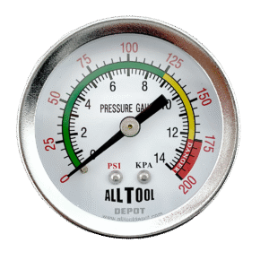 2" Color Coded Pressure Gauge, 1/4" NPT, Center Back Mount, 0-200 PSI