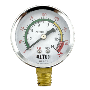 2" Color Coded Pressure Gauge, 1/4" NPT, Lower Side Mount, 0-200 PSI