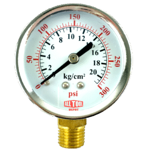 2" Pressure Gauge, 1/4" NPT, Lower Side Mount, 0-300 PSI
